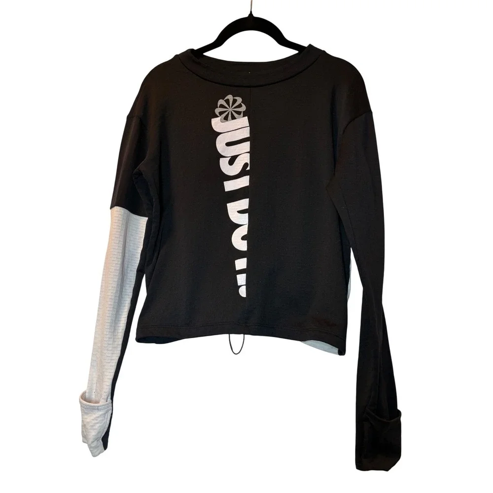 Nike Dri-FIT Just‎ Do It Colorblock Long Sleeve Cropped Top Black White - XS